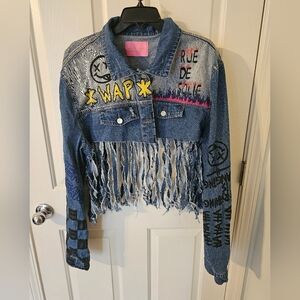 Azalea Wang Cropped Baby Denim Jacket Fringe Blue Jean Women’s Plus Size 3X